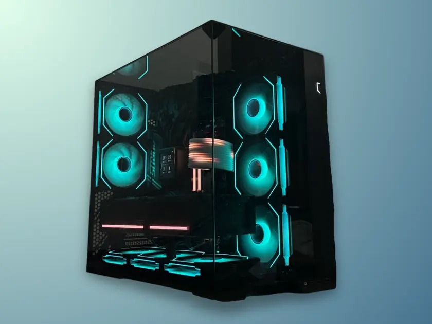 Lian-Li O11 Vision compact grommet cover and RTX 5090 custom cooler hero image